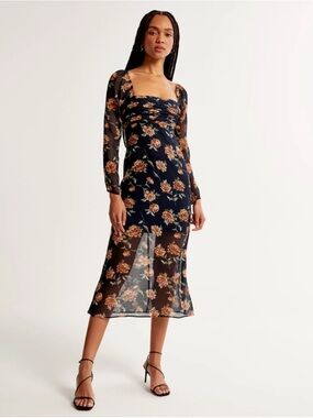 Abercrombie & Fitch Emerson Chiffon Floral Midi Dress | Ruched Bodice | Size S